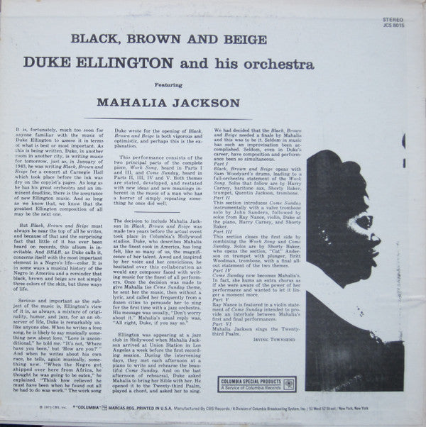 Duke Ellington And His Orchestra Featuring Mahalia Jackson : Black, Brown And Beige (LP, Album, RE)